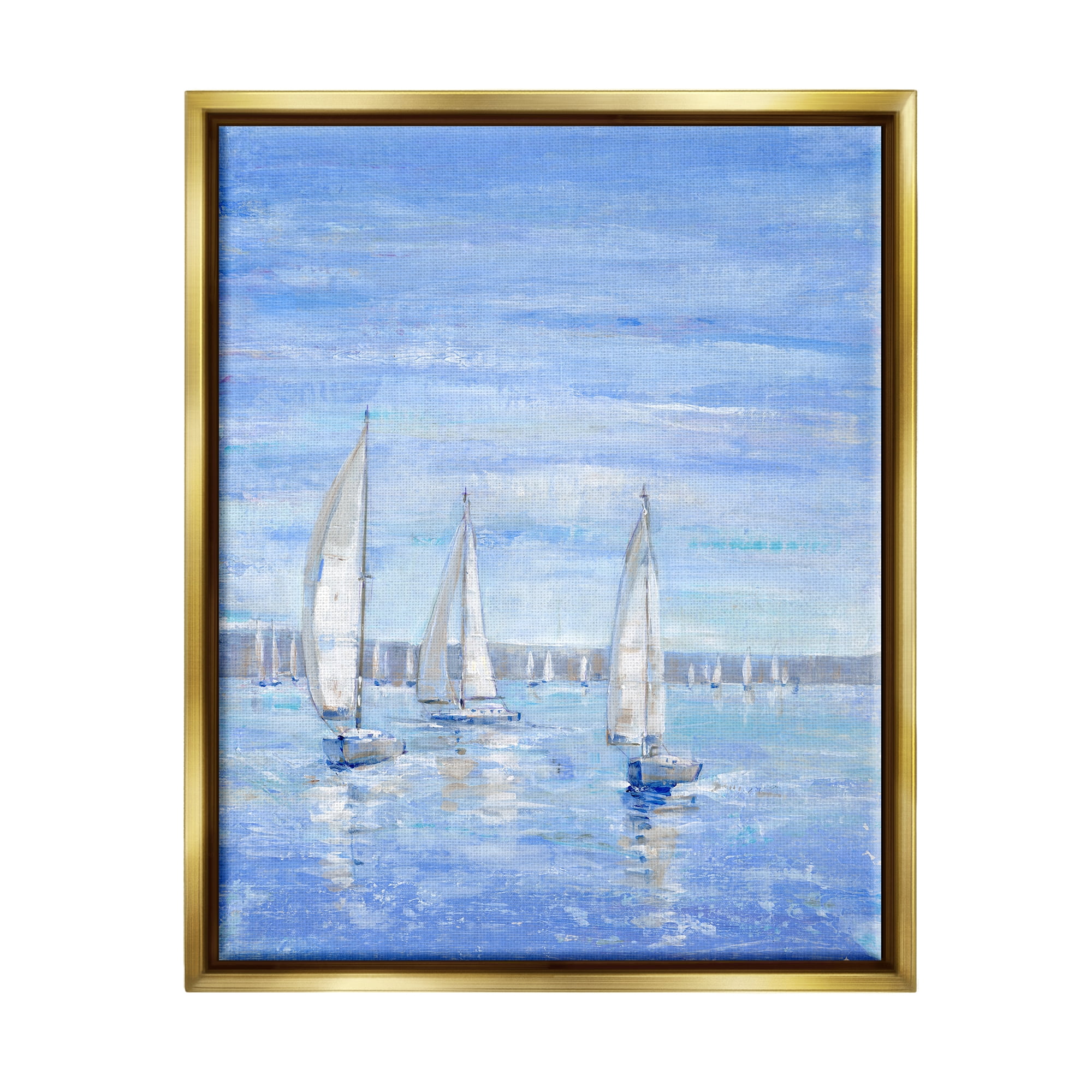 Stupell Industries Blue Sailboat Fleet Transportation Painting Gold Floater Framed Canvas Art Print Wall Art, 17 x 21