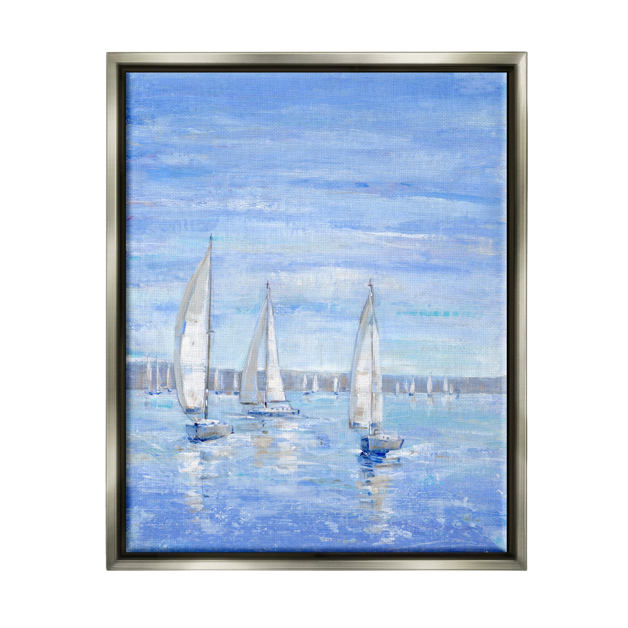 Stupell Industries Blue Sailboat Fleet Transportation Painting Gray Floater Framed Canvas Art Print Wall Art, 17 x 21