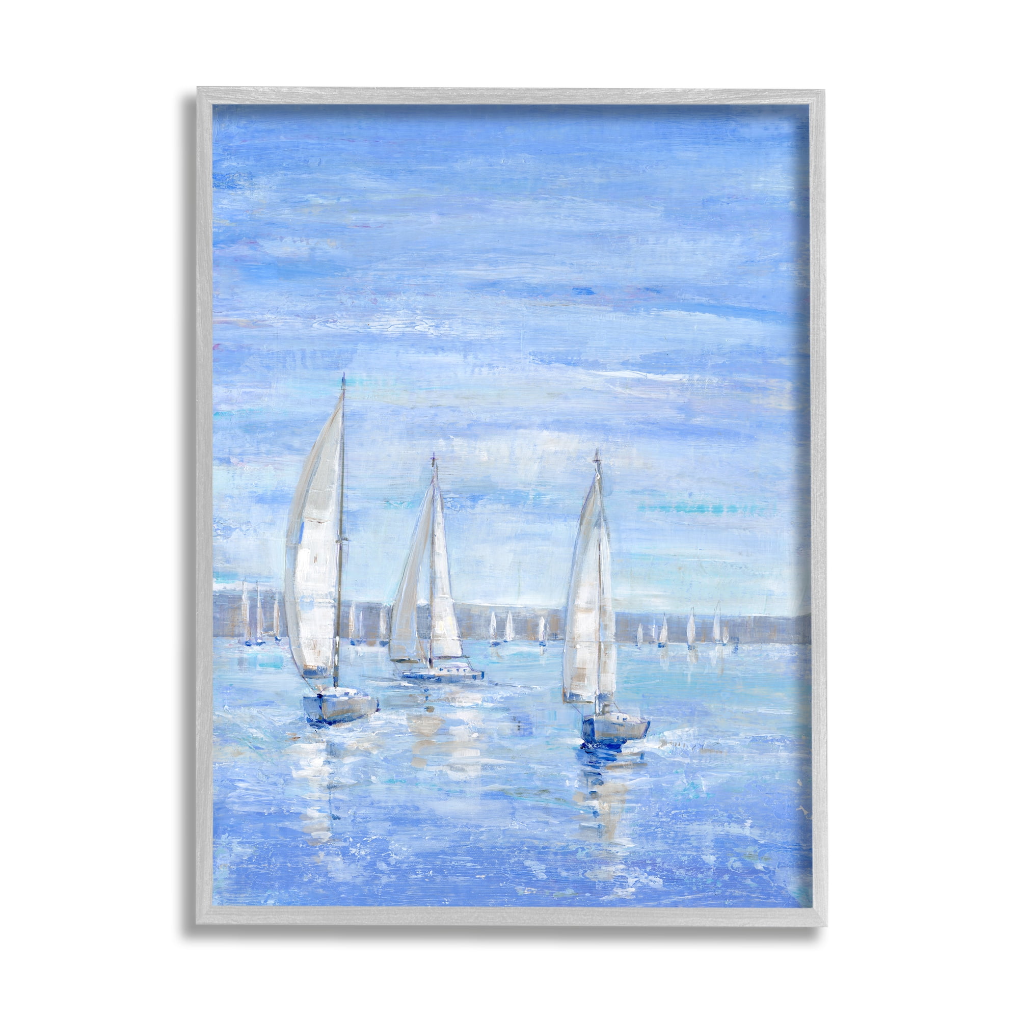 Stupell Industries Blue Sailboat Fleet Transportation Painting Gray Framed Art Print Wall Art, 16 x 20