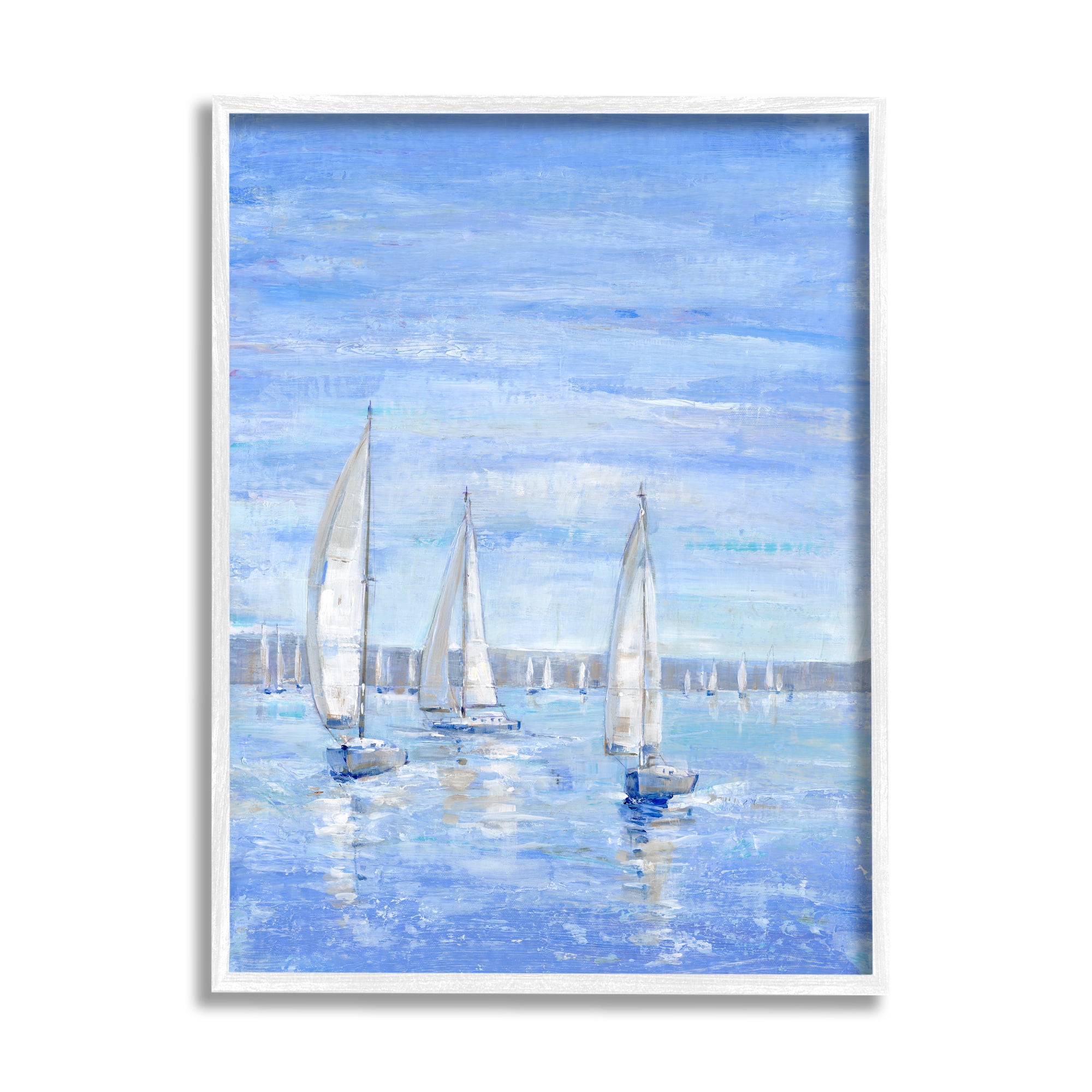 Stupell Industries Blue Sailboat Fleet Transportation Painting White Framed Art Print Wall Art, 24 x 30