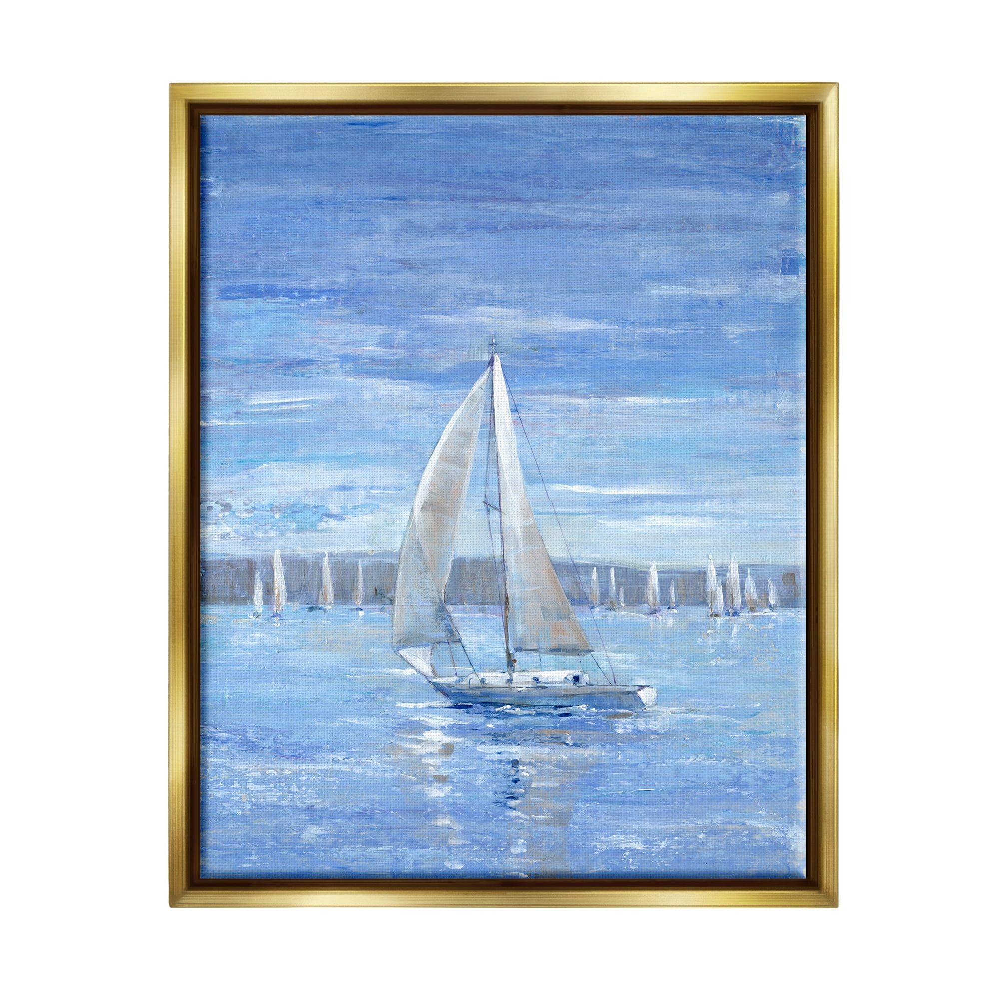 Stupell Industries Blue Sailboat Painting Transportation Painting Gold Floater Framed Canvas Art Print Wall Art, 17 x 21