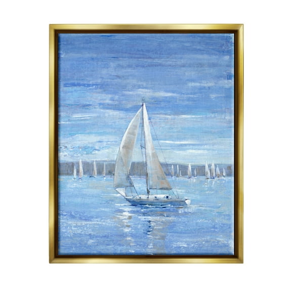 Stupell Industries Blue Sailboat Painting Transportation Painting Gold Floater Framed Canvas Art Print Wall Art, 17 x 21