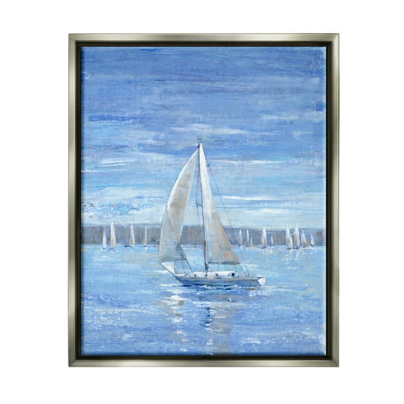 Stupell Industries Blue Sailboat Painting Transportation Painting Gray Floater Framed Canvas Art Print Wall Art, 25 x 31