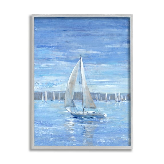 Stupell Industries Blue Sailboat Painting Transportation Painting Gray Framed Art Print Wall Art, 11 x 14