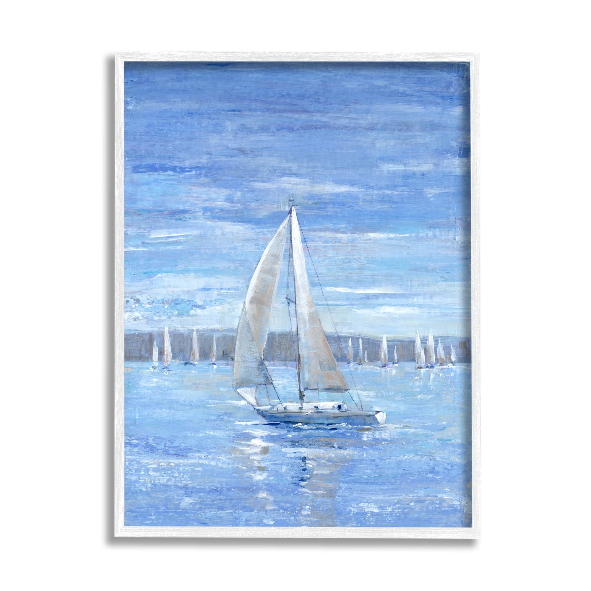 Stupell Industries Blue Sailboat Painting Transportation Painting White Framed Art Print Wall Art, 16 x 20