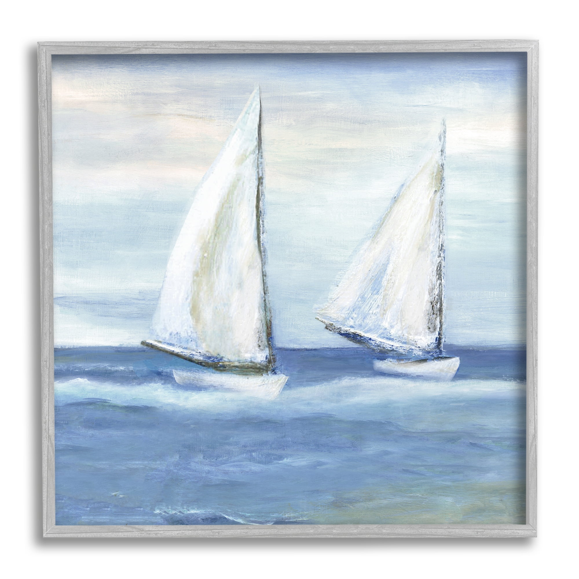 Stupell Industries Blue Sailboats Ocean Splash Coastal Painting Gray Framed Art Print Wall Art
