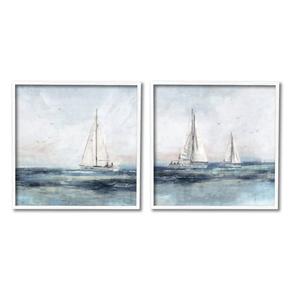 Stupell Industries Blue Sailing Ocean Scene Painting White Framed Art Print Wall Art, Set of 2, Design by Nina Blue
