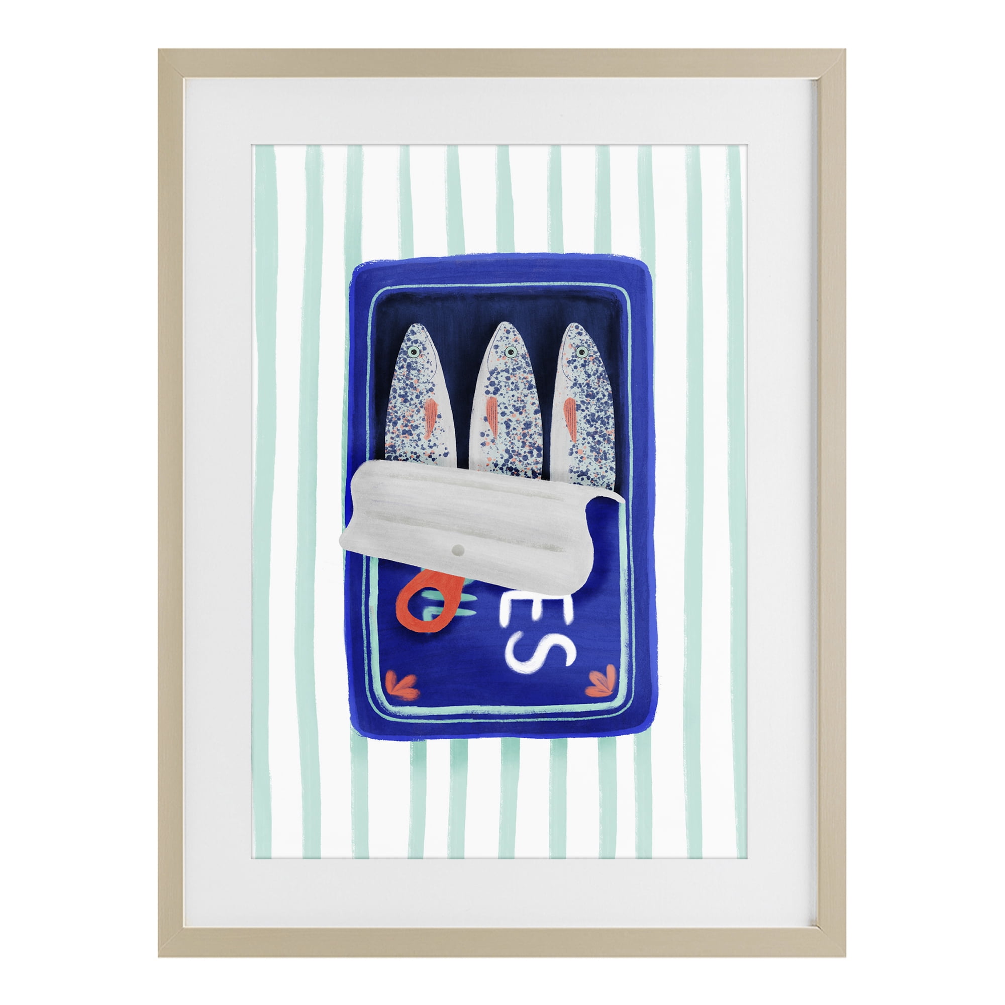 Stupell Industries Blue Sardines on Stripes Birch Framed Print Under Glass, design by Metka Hiti