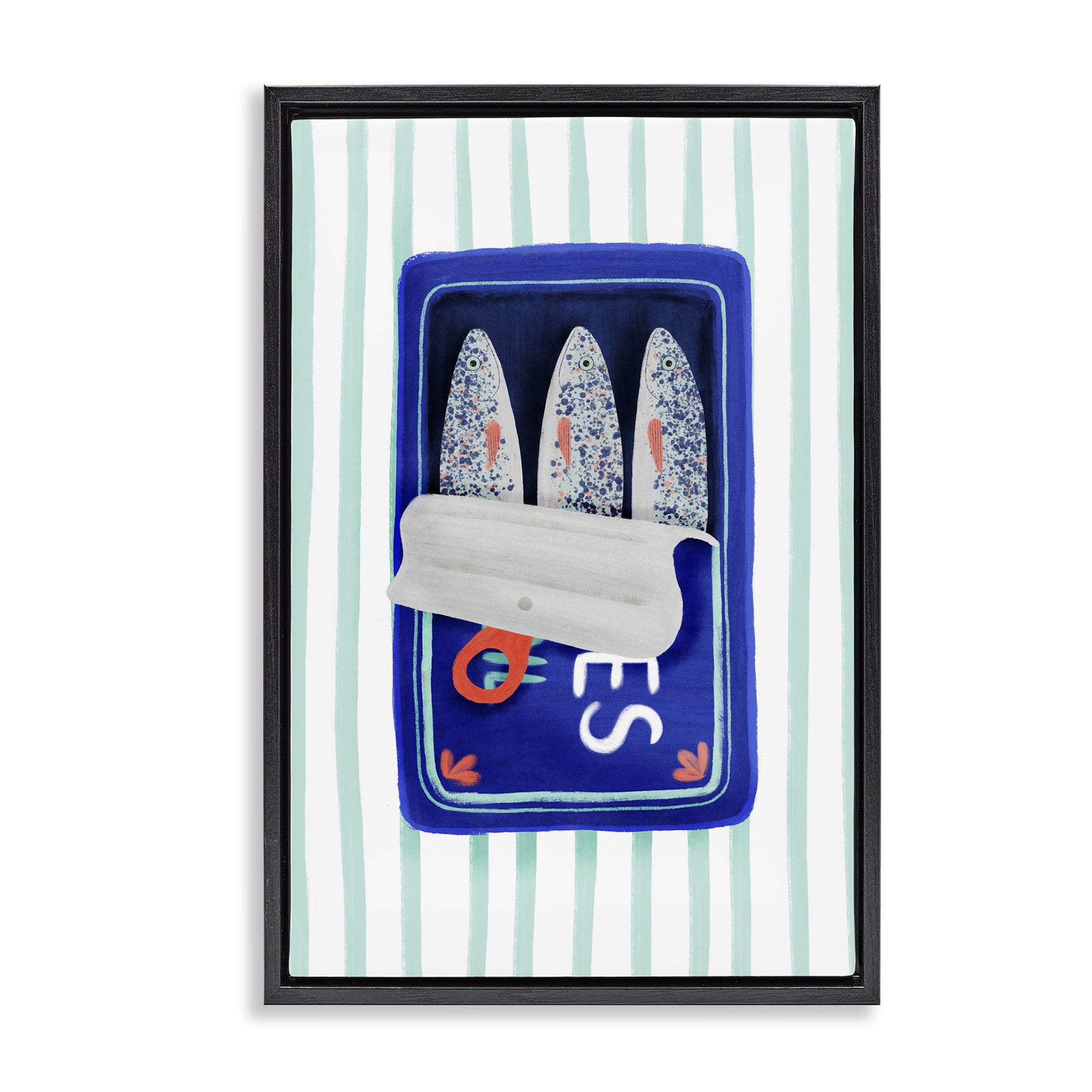 Stupell Industries Blue Sardines on Stripes Black Framed Floater Canvas Wall Art, design by Metka Hiti