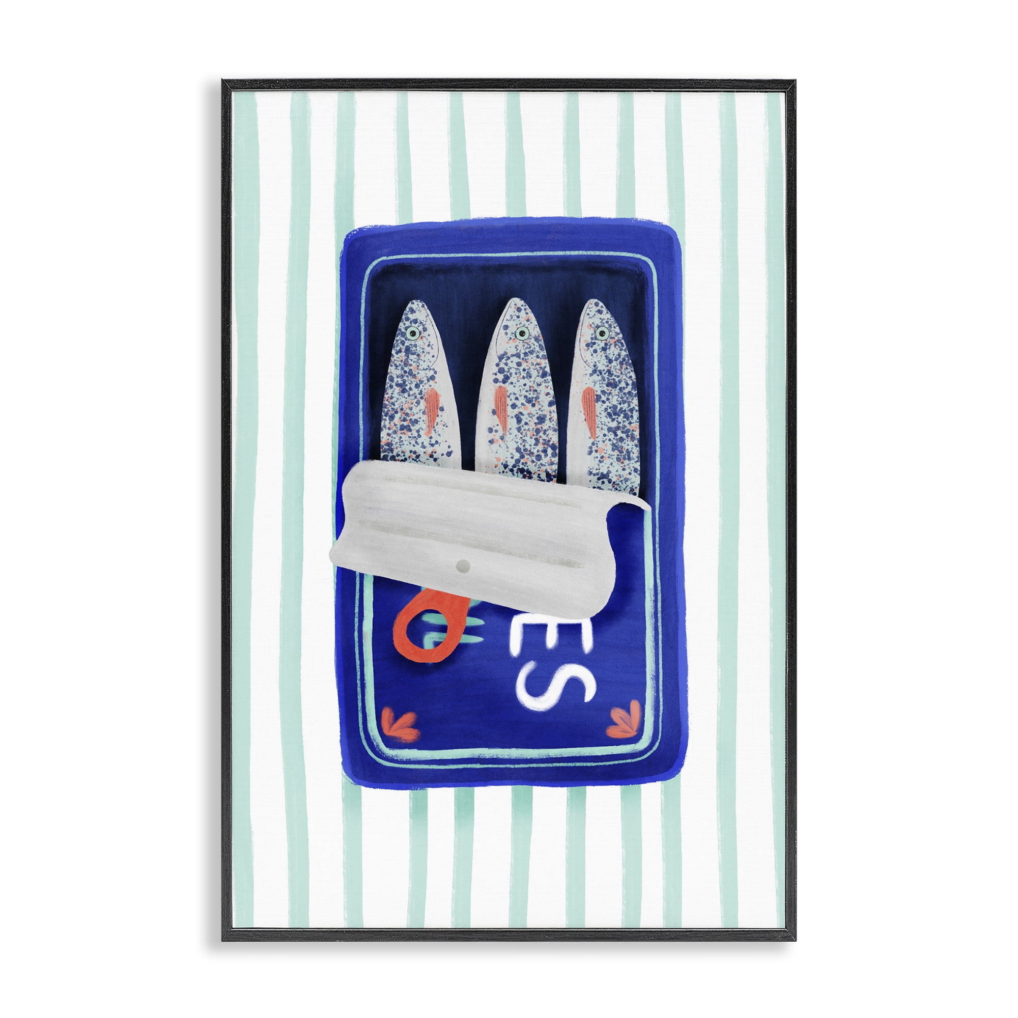 Stupell Industries Blue Sardines on Stripes Black Framed Giclee Art, design by Metka Hiti