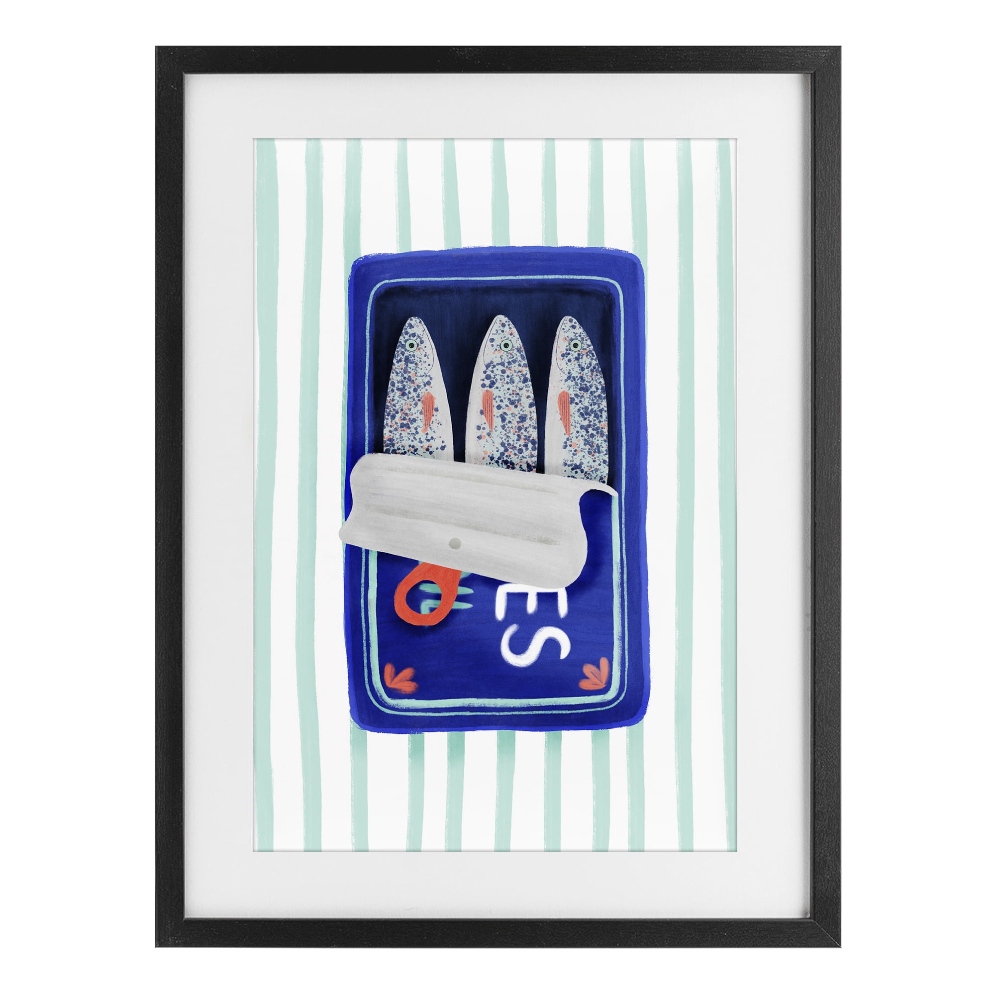Stupell Industries Blue Sardines on Stripes Black Framed Print Under Glass, design by Metka Hiti
