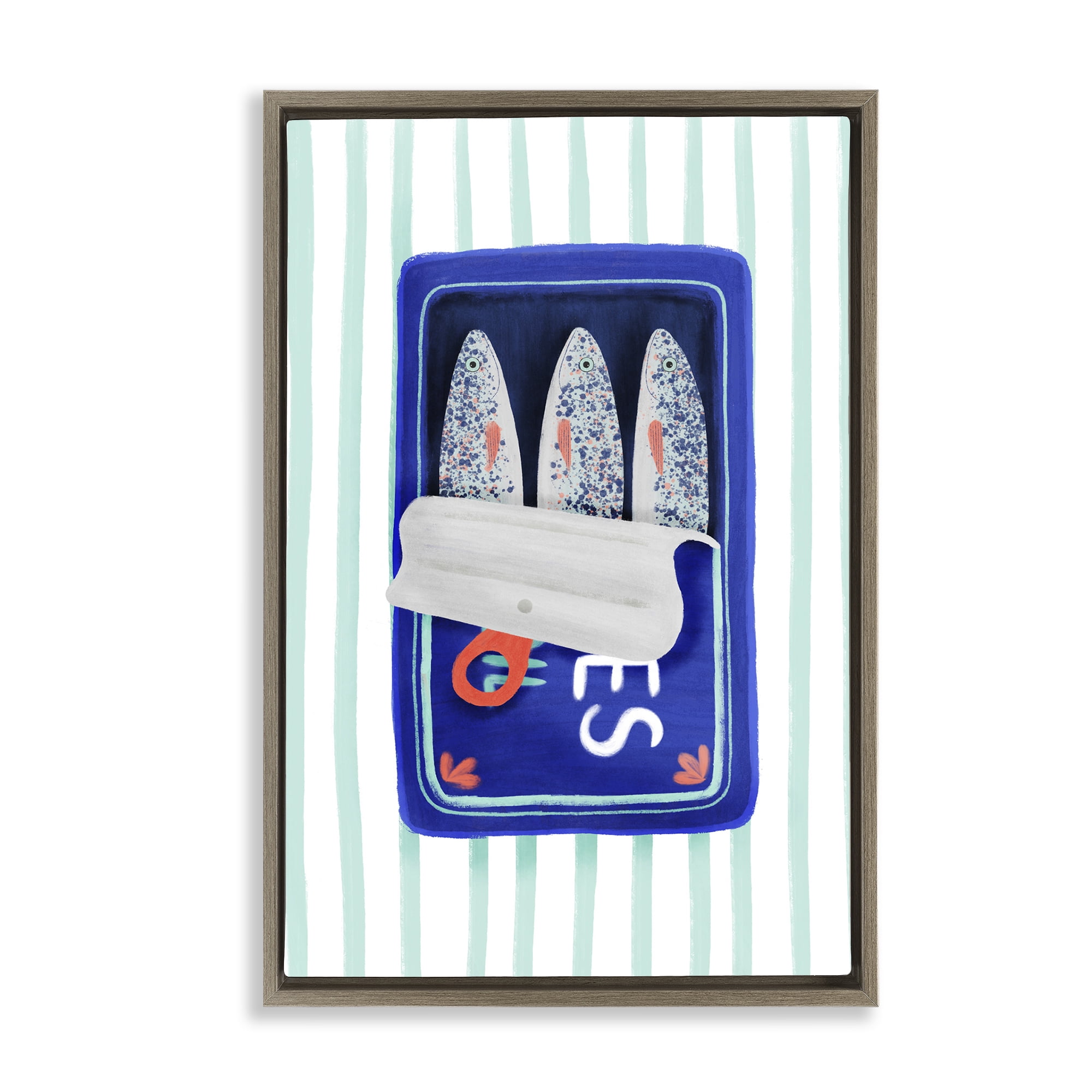 Stupell Industries Blue Sardines on Stripes Brown Framed Floater Canvas Wall Art, design by Metka Hiti