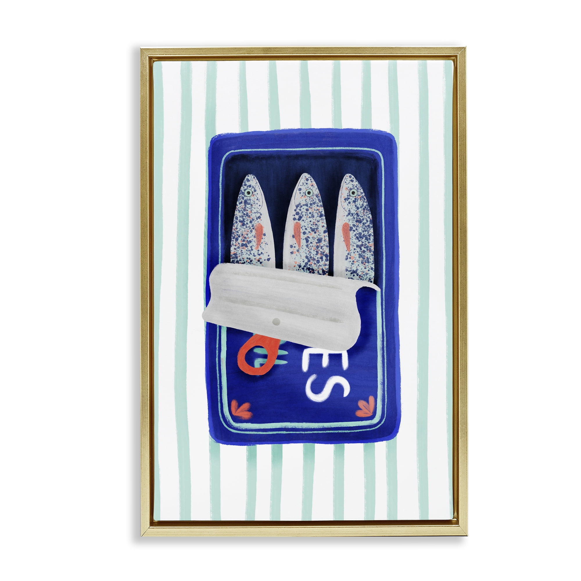 Stupell Industries Blue Sardines on Stripes Gold Framed Floater Canvas Wall Art, design by Metka Hiti