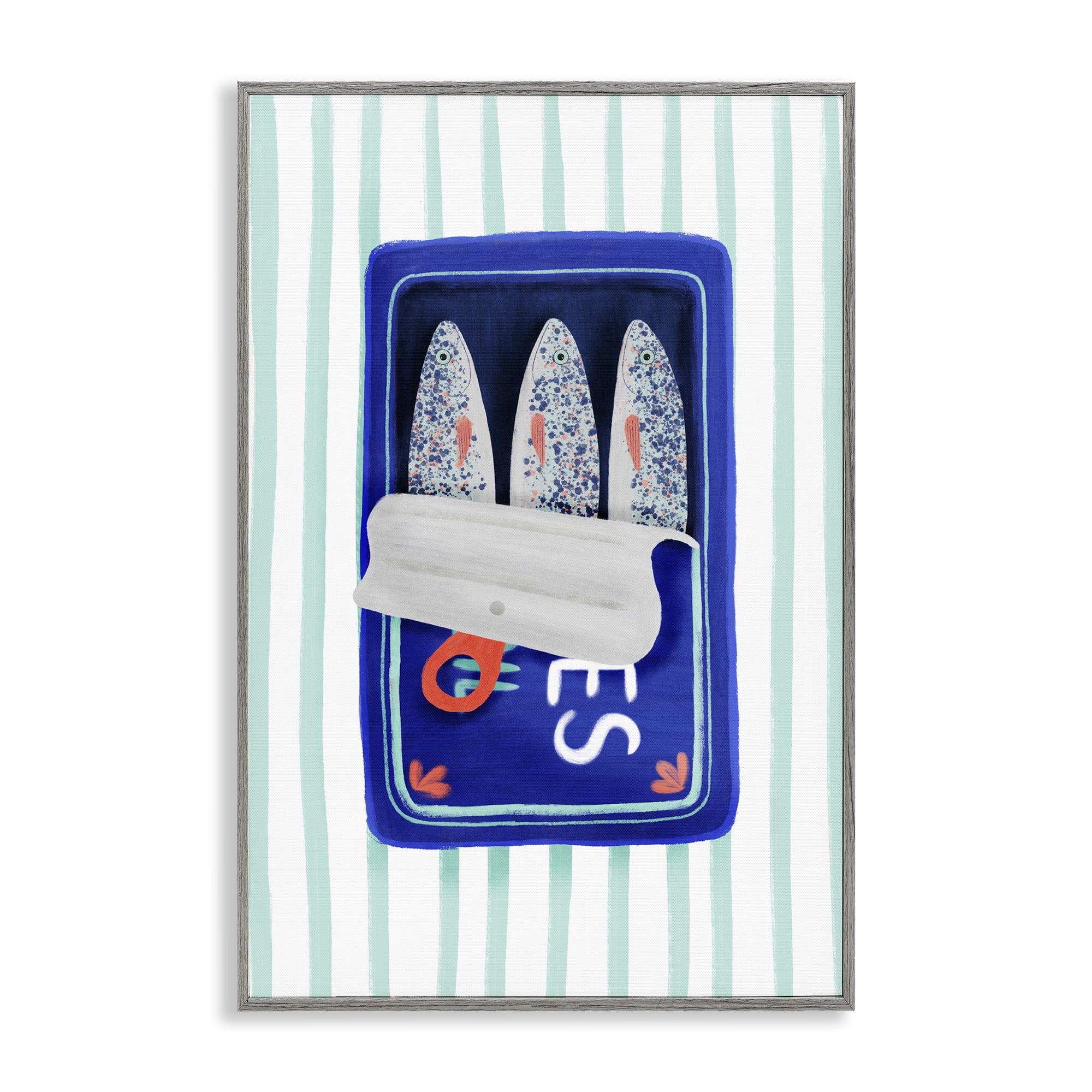 Stupell Industries Blue Sardines on Stripes Gray Framed Giclee Art, design by Metka Hiti