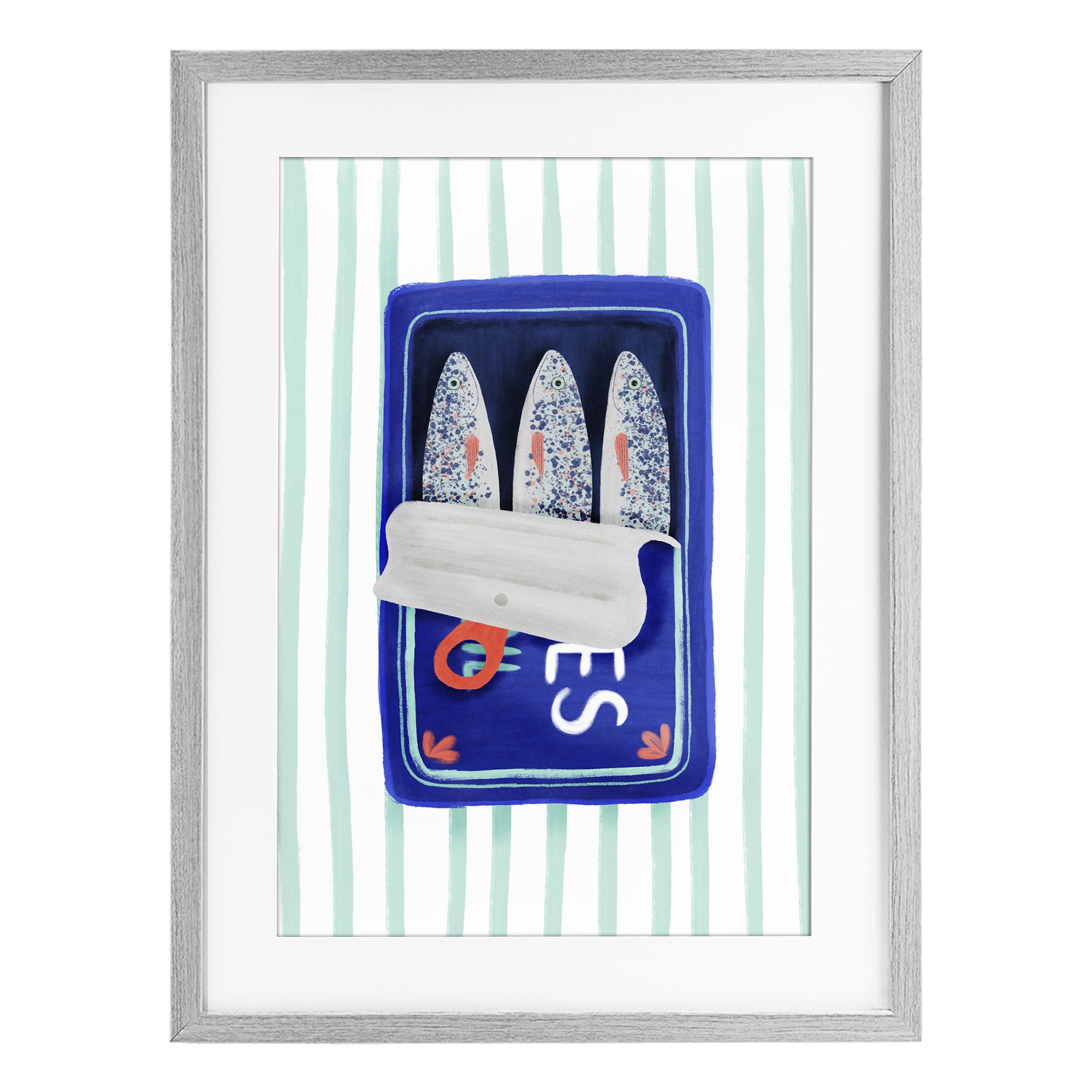 Stupell Industries Blue Sardines on Stripes Gray Framed Print Under Glass, design by Metka Hiti