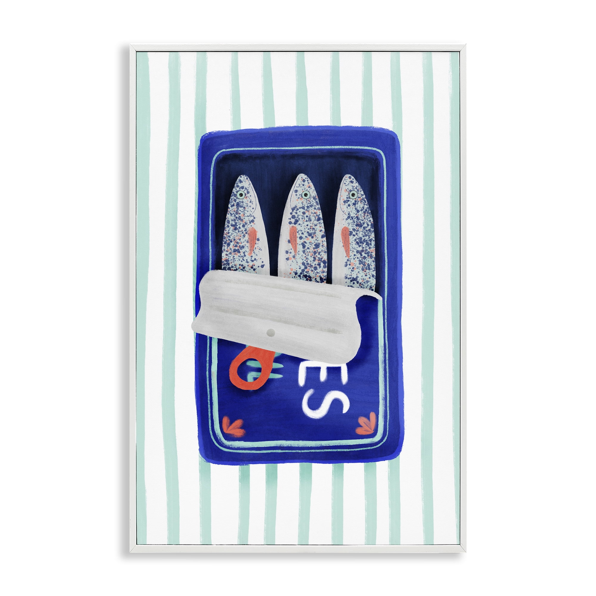 Stupell Industries Blue Sardines on Stripes White Framed Giclee Art, design by Metka Hiti