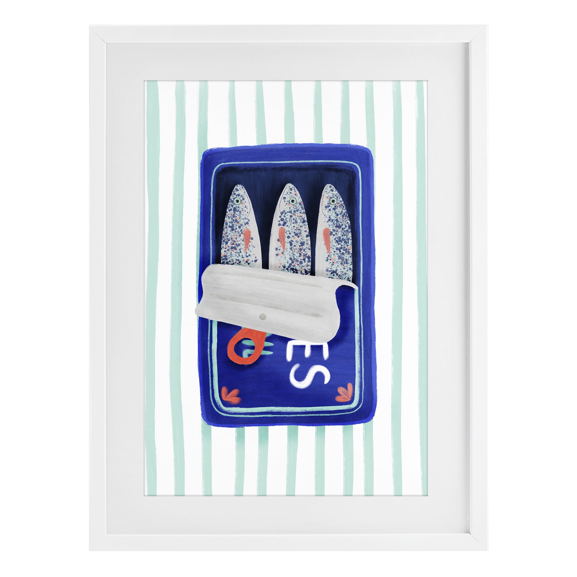 Stupell Industries Blue Sardines on Stripes White Framed Print Under Glass, design by Metka Hiti