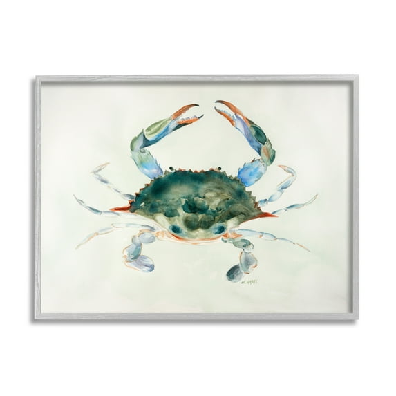 Stupell Industries Blue Sea Crab Over Beige Soft Watercolors Gray Framed Art Print Wall Art, 24x30, by Melissa Hyatt LLC