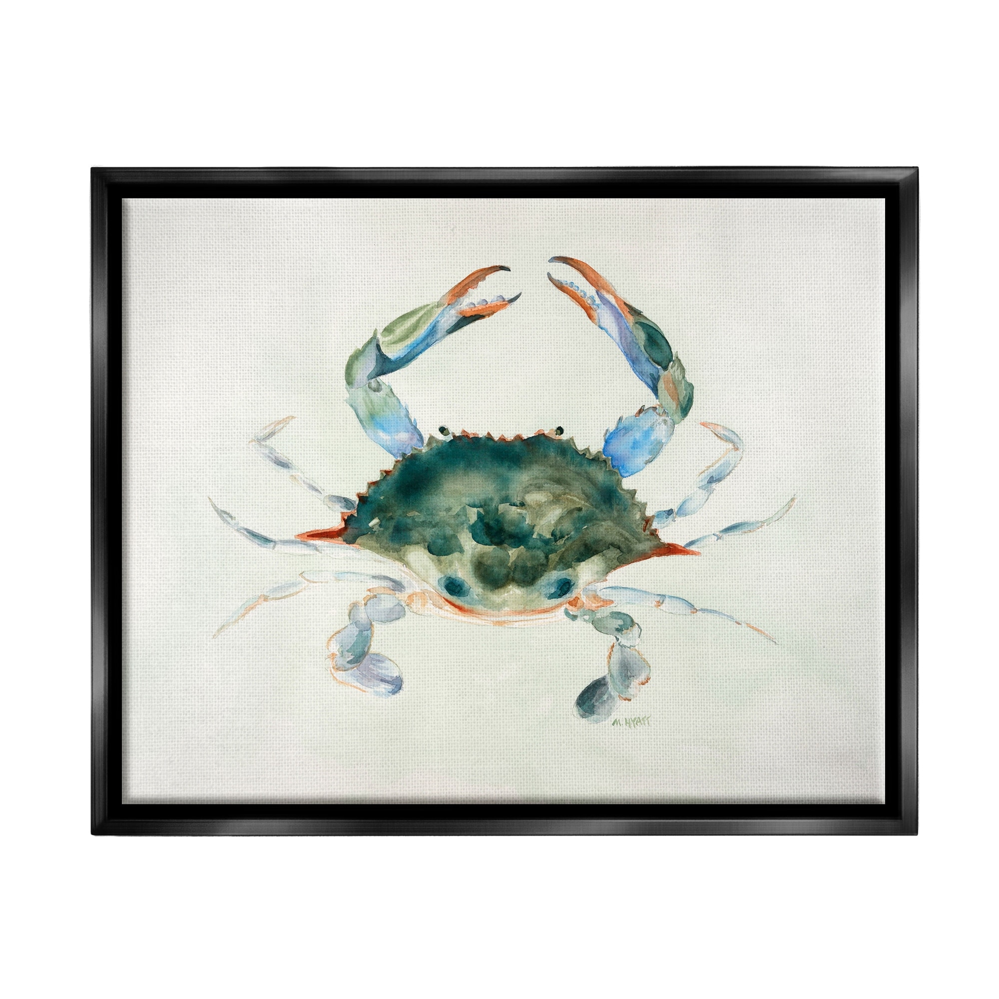 Stupell Industries Blue Sea Crab Over Beige Soft Watercolors Jet Black Framed Floating Canvas Wall Art, 16x20, by Melissa Hyatt LLC