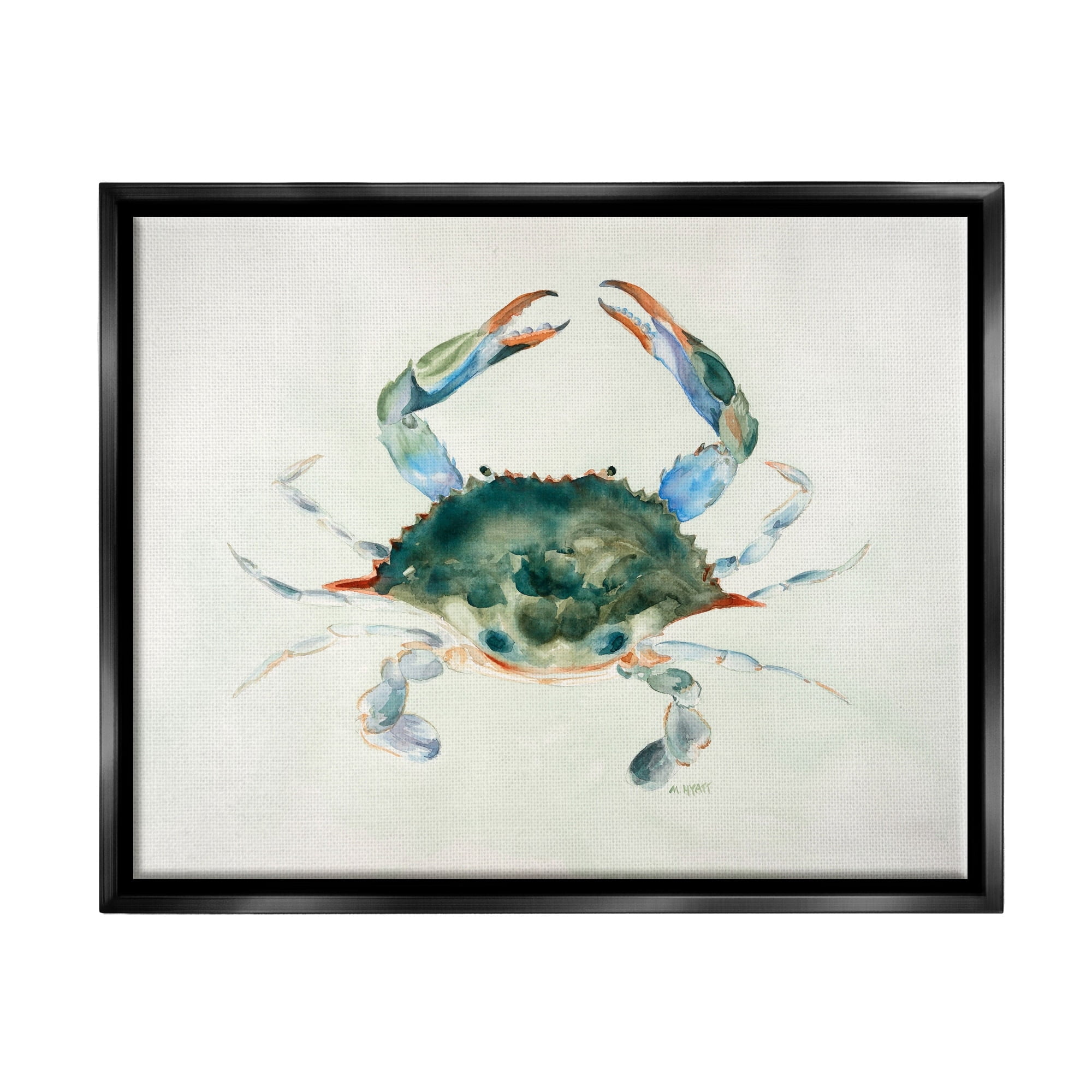 Stupell Industries Blue Sea Crab Over Beige Soft Watercolors Jet Black Framed Floating Canvas Wall Art, 24x30, by Melissa Hyatt LLC