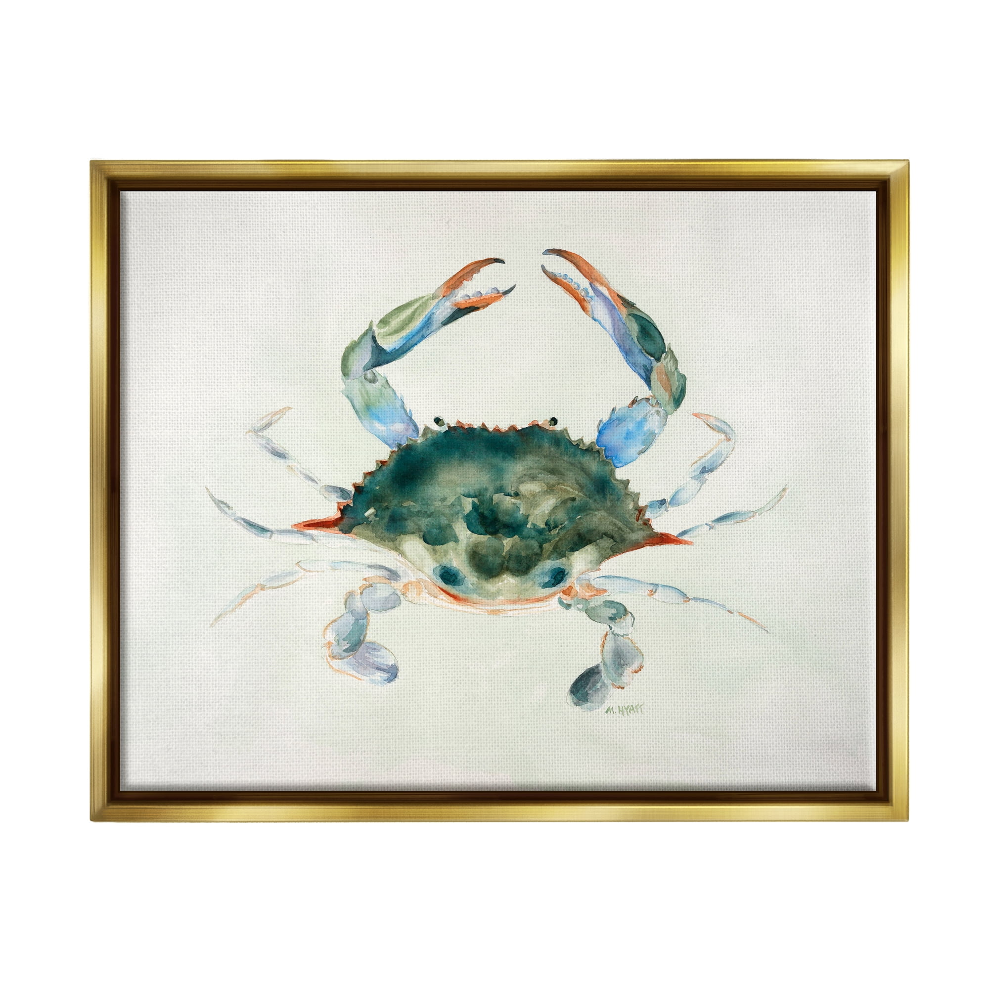 Stupell Industries Blue Sea Crab Over Beige Soft Watercolors Metallic Gold Framed Floating Canvas Wall Art, 24x30, by Melissa Hyatt LLC