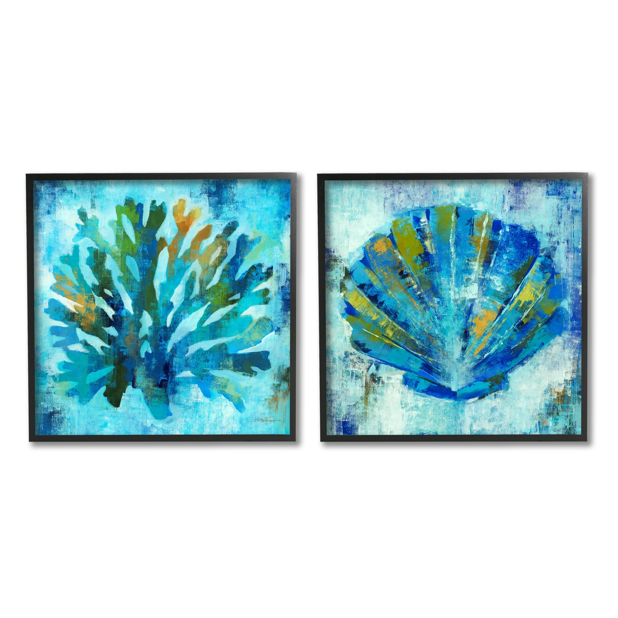 Stupell Industries Blue Sea Life Abstraction Animals & Insects Painting Black Framed Art Print Wall Art, 12 x 12, Set of 2