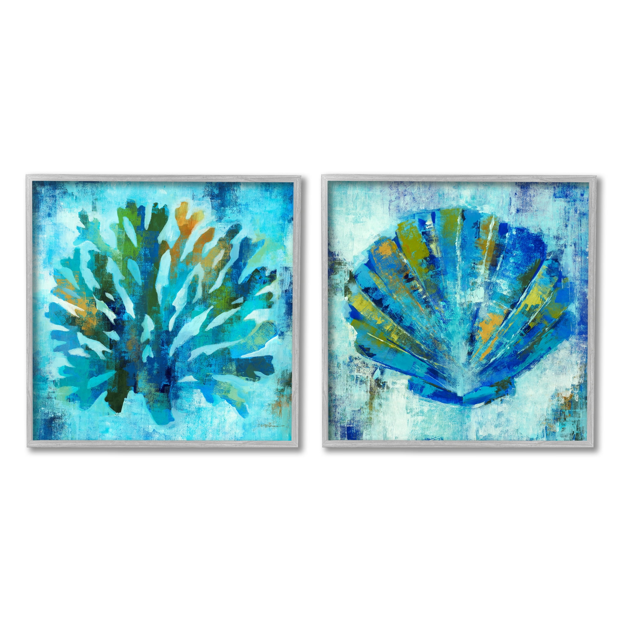 Stupell Industries Blue Sea Life Abstraction Animals & Insects Painting Gray Framed Art Print Wall Art, 17 x 17, Set of 2