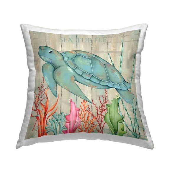 Stupell Industries Blue Sea Turtle Rustic Coral Square Decorative Printed Throw Pillow, 18 x 18,