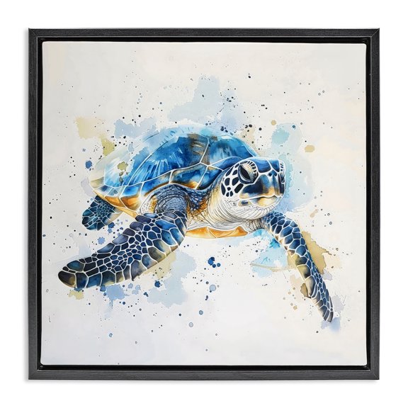 Stupell Industries Blue Sea Turtle with Splatter Animals Painting Black Floater Framed Canvas Art Print Wall Art, 18 x 18