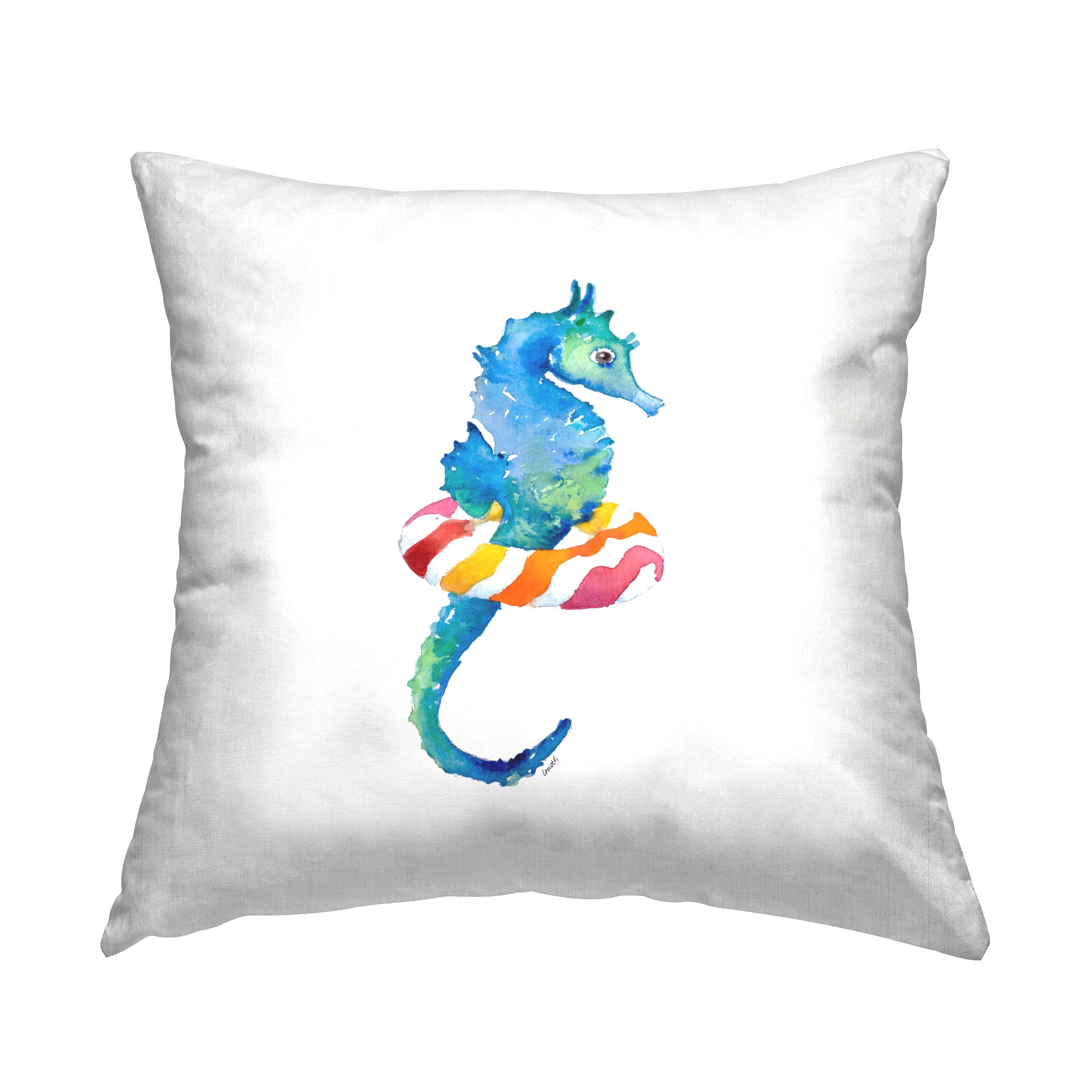 18" White and Blue Seahorse Decorative Throw Pillow