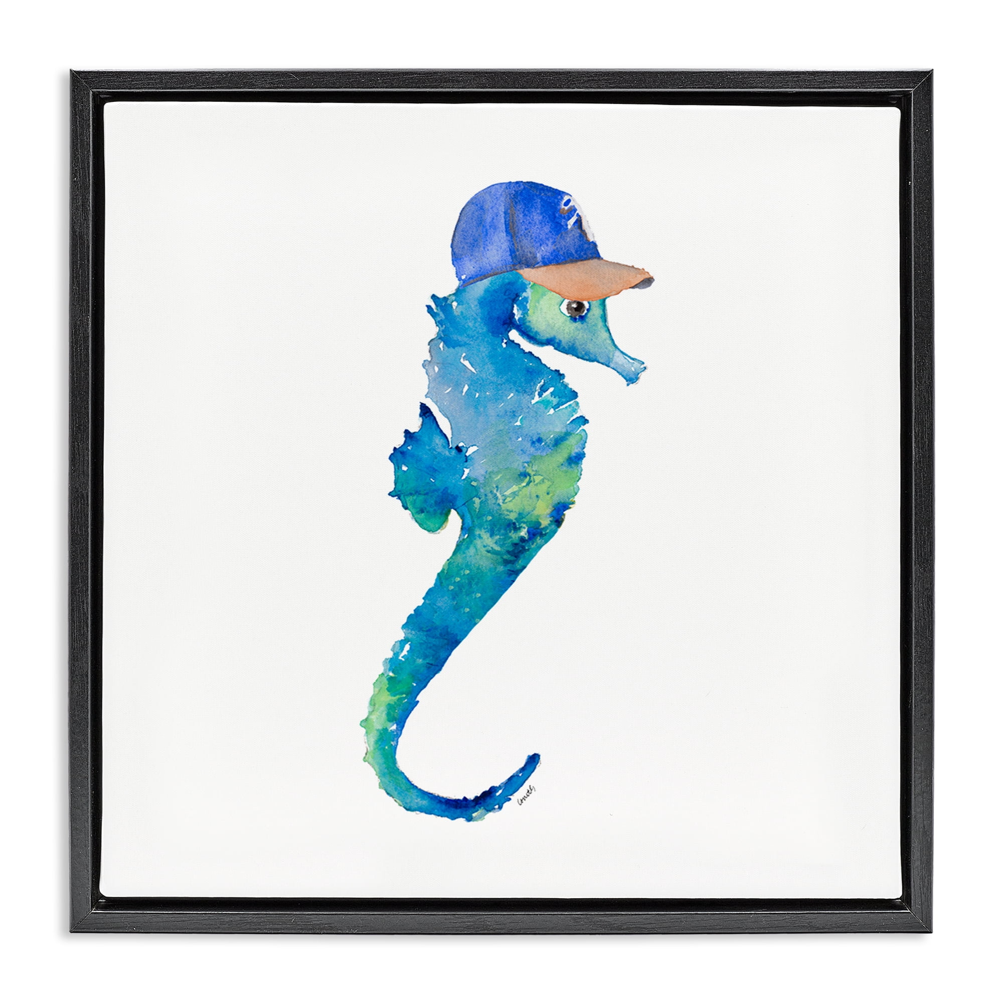 Stupell Industries Blue Seahorse in Hat Novelty Painting Black Floater Framed Canvas Art Print Wall Art, 25 x 25