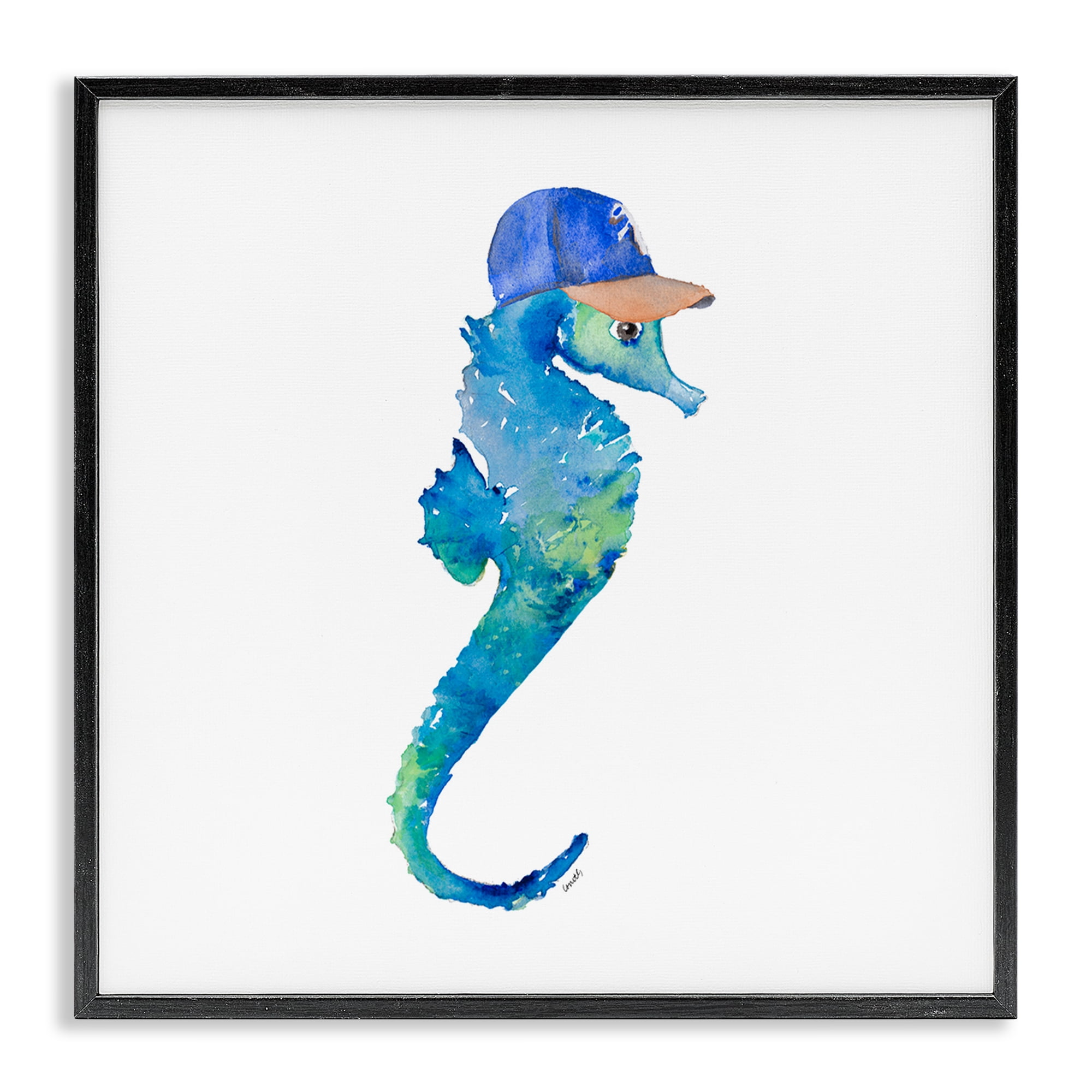 Stupell Industries Blue Seahorse in Hat Novelty Painting Black Framed Art Print Wall Art, 24 x 24