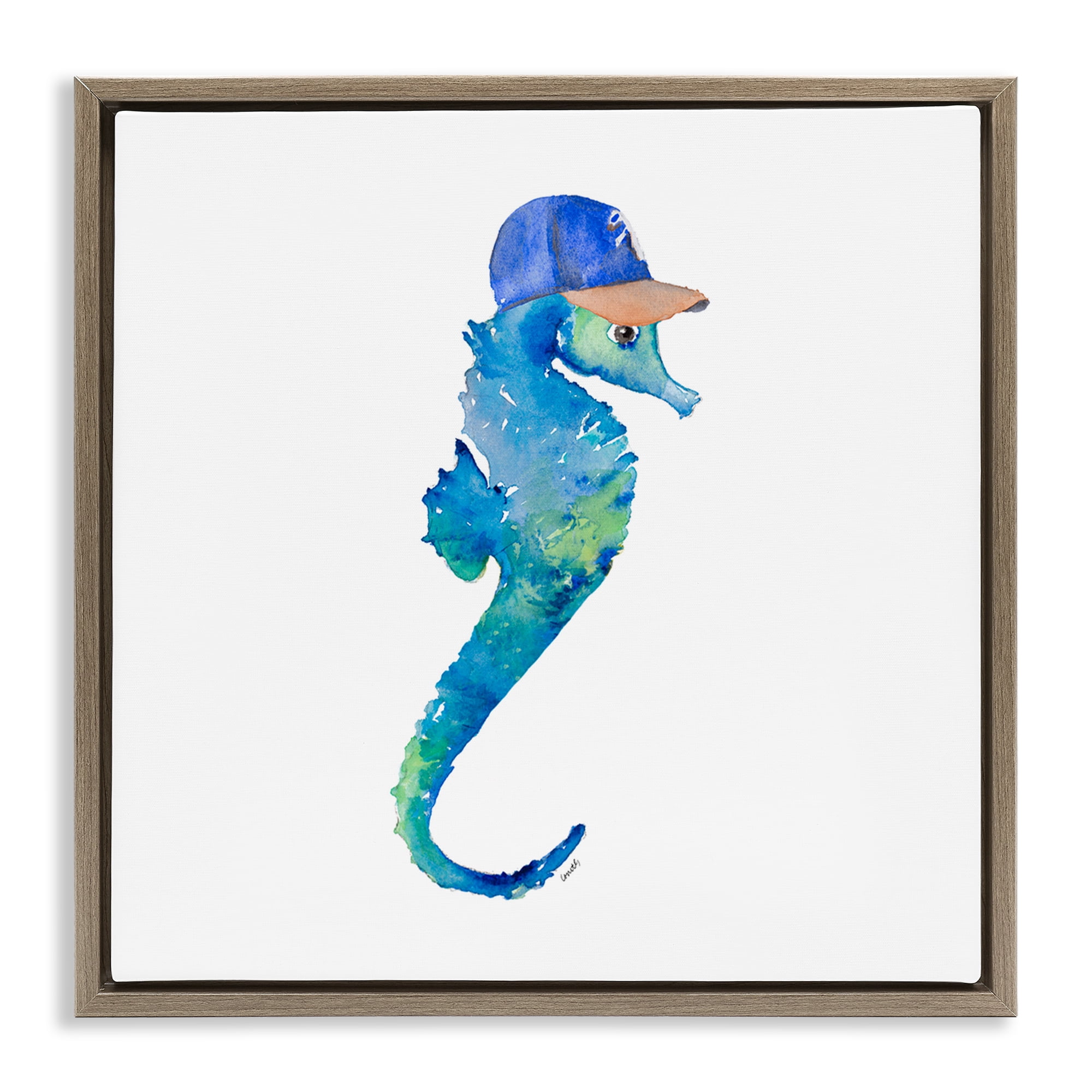 Stupell Industries Blue Seahorse in Hat Novelty Painting Brown Floater Framed Canvas Art Print Wall Art, 25 x 25