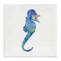 Stupell Industries Blue Seahorse in Hat Novelty Painting Gallery Wrapped Canvas Art Print Wall Art, 17 x 17