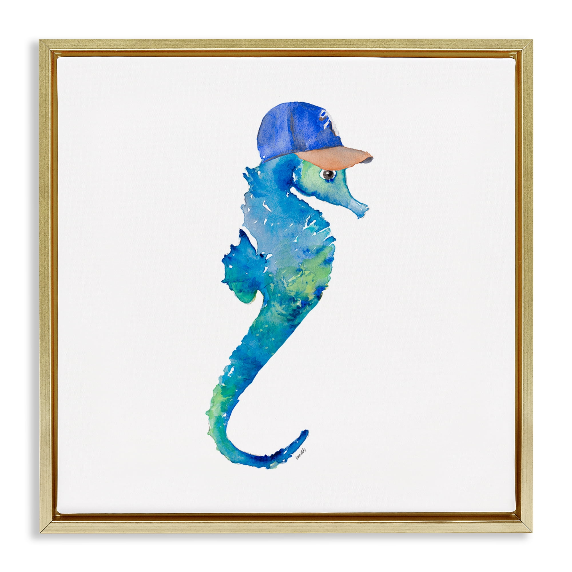 Stupell Industries Blue Seahorse in Hat Novelty Painting Gold Floater Framed Canvas Art Print Wall Art, 18 x 18