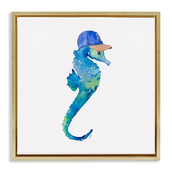 Stupell Industries Tropical Blue Seahorse in Hat Gold Floating Frame Canvas Art, 25 x 25, by Lanie Loreth