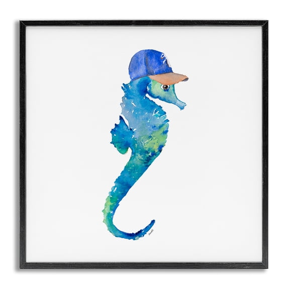 Stupell Industries Tropical Blue Seahorse in Hat Gray Framed Giclee Art, 17 x 17, by Lanie Loreth