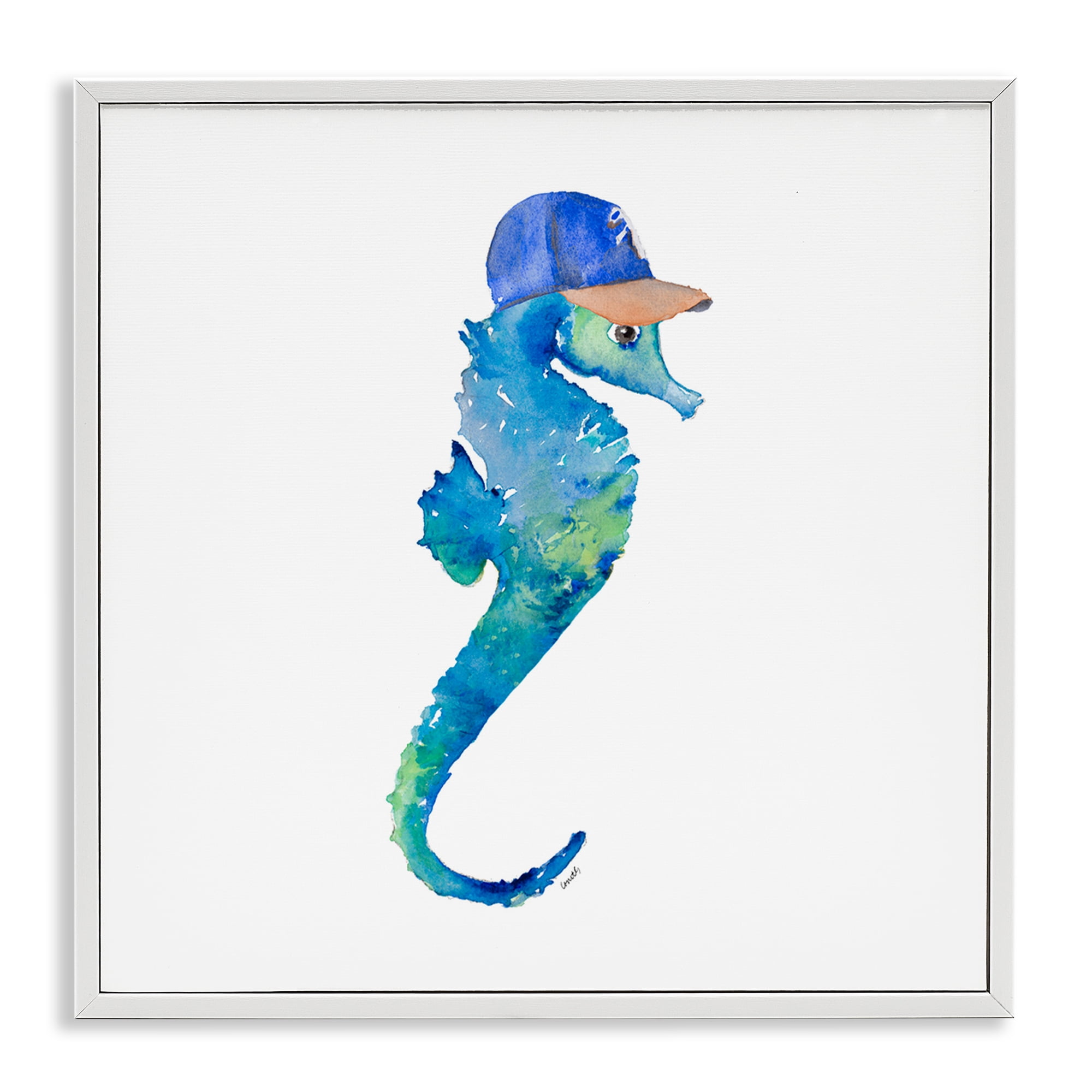 Stupell Industries Blue Seahorse in Hat Novelty Painting White Framed Art Print Wall Art, 17 x 17