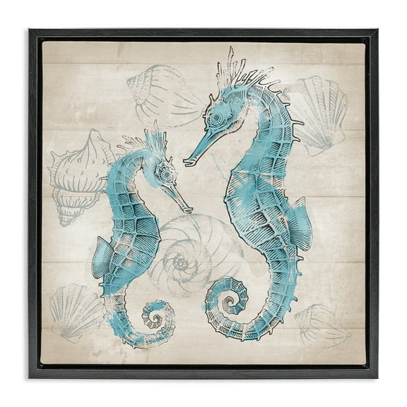 Stupell Industries Blue Seahorses on Rustic Animals Painting Black Floater Framed Canvas Art Print Wall Art, 18 x 18
