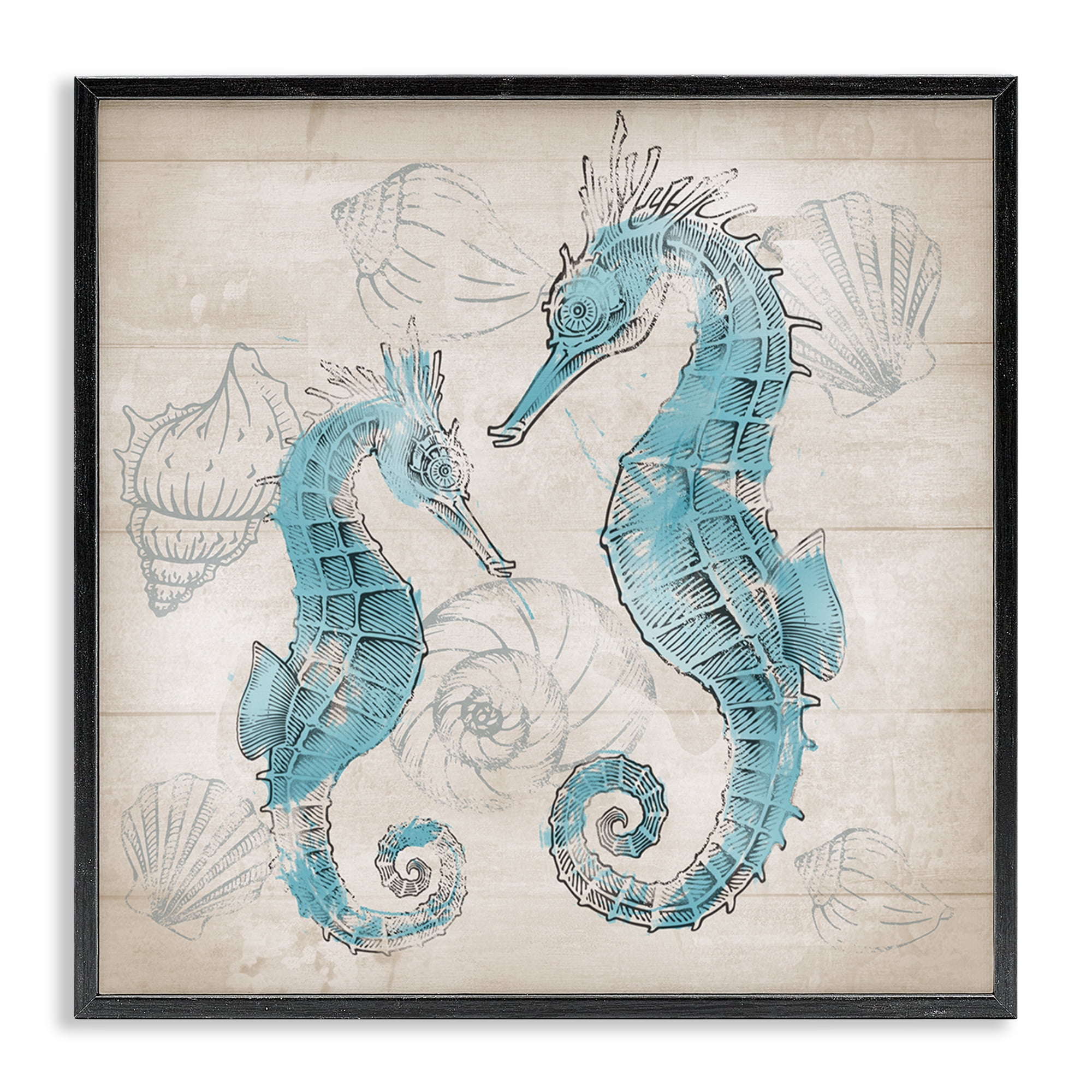 Stupell Industries Blue Seahorses on Rustic Animals Painting Black Framed Art Print Wall Art, 24 x 24