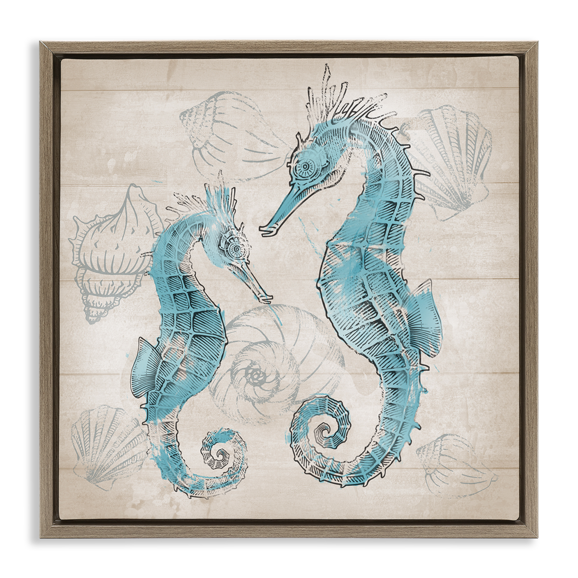 Stupell Industries Blue Seahorses on Rustic Animals Painting Brown Floater Framed Canvas Art Print Wall Art, 25 x 25