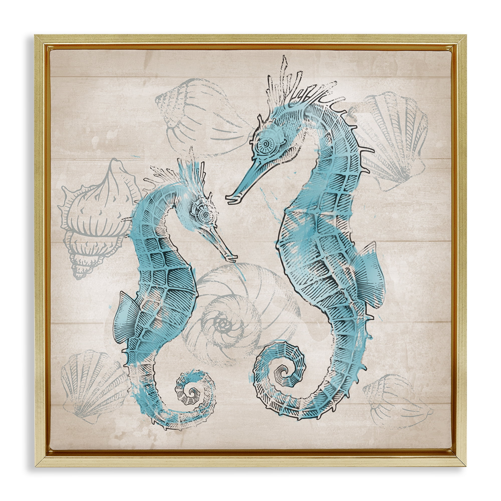 Stupell Industries Blue Seahorses on Rustic Animals Painting Gold Floater Framed Canvas Art Print Wall Art, 18 x 18
