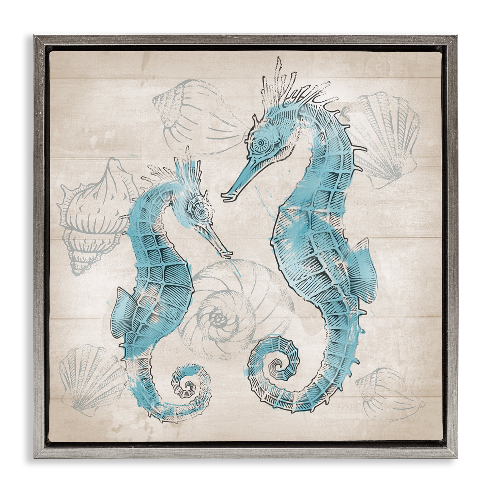 Stupell Industries Blue Seahorses on Rustic Animals Painting Gray Floater Framed Canvas Art Print Wall Art, 18 x 18