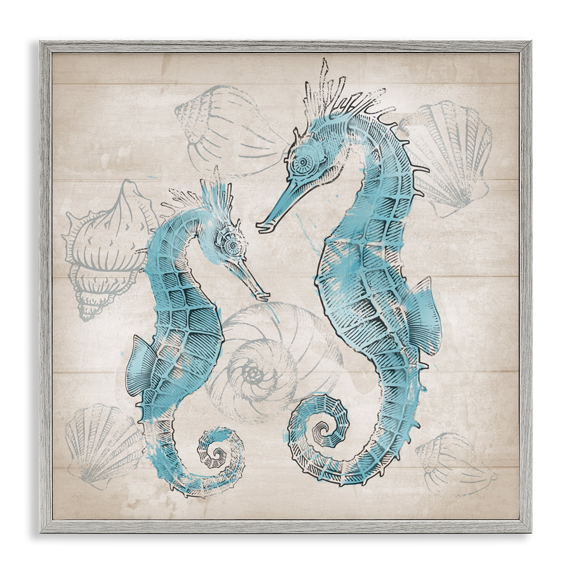 Stupell Industries Blue Seahorses on Rustic Animals Painting Gray Framed Art Print Wall Art, 12 x 12