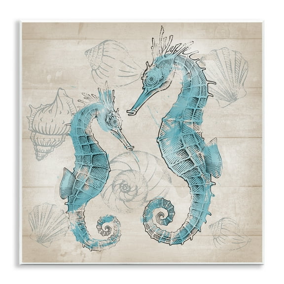 Stupell Industries Blue Seahorses on Rustic Animals Painting Unframed Art Print Wall Art, 12 x 12
