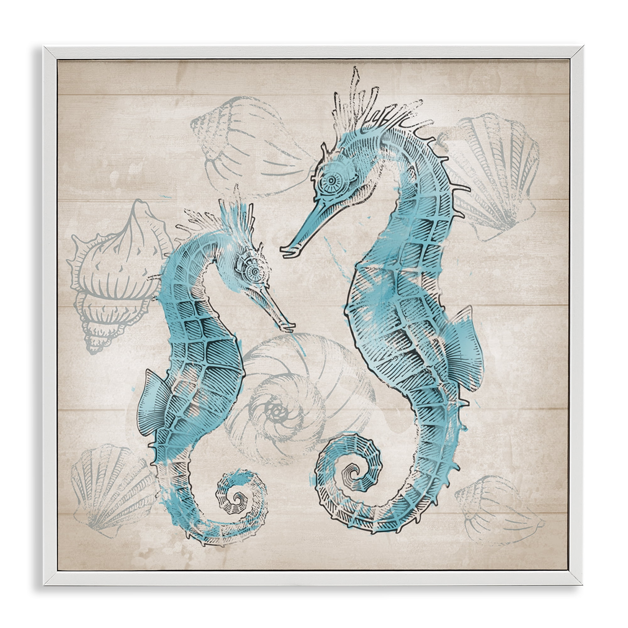 Stupell Industries Blue Seahorses on Rustic Animals Painting White Framed Art Print Wall Art, 17 x 17