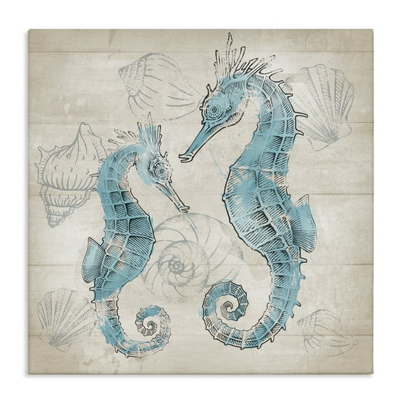Stupell Industries Blue Seahorses on Rustic Animals Painting Wrapped Canvas Art Print Wall Art, 17 x 17