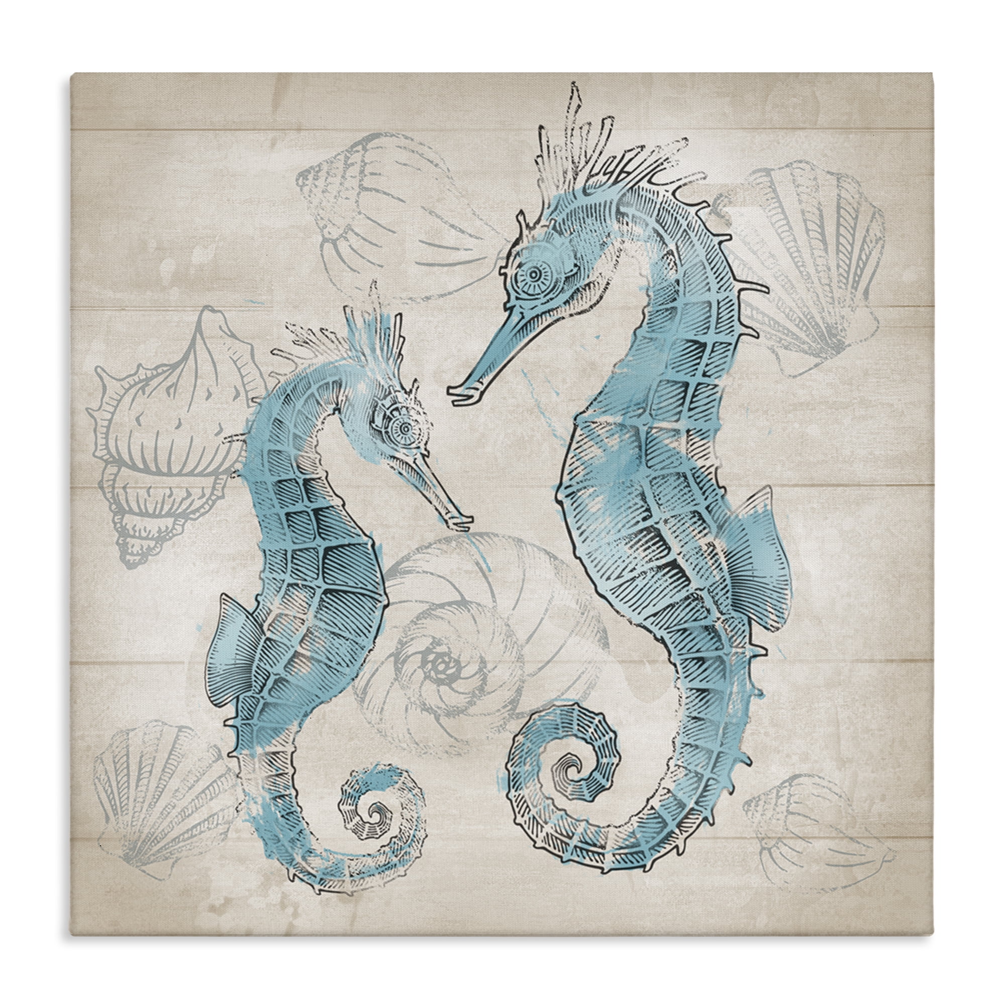 Stupell Industries Blue Seahorses on Rustic Animals Painting Wrapped Canvas Art Print Wall Art, 24 x 24