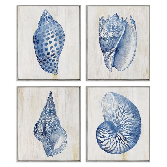 Stupell Industries Blue Seashells on Beige Animals Painting Gray Framed Art Print Wall Art, 11 x 14, Set of 4