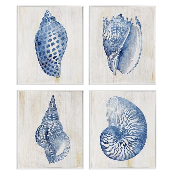 Stupell Industries Blue Seashells on Beige Animals Painting White Framed Art Print Wall Art, 11 x 14, Set of 4